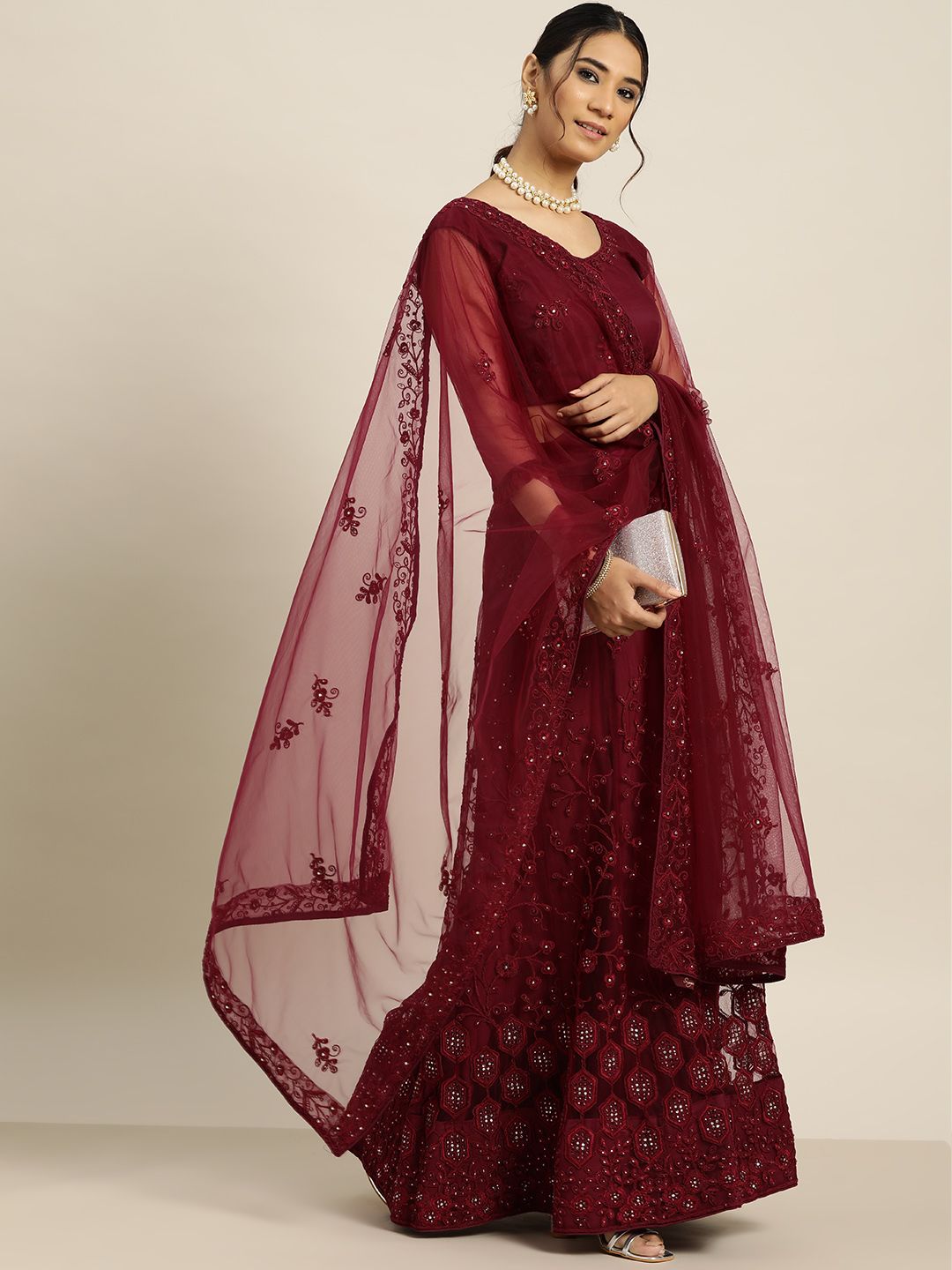 Sangria Burgundy Embroidered Beads and Stones Semi-Stitched Lehenga & Unstitched Blouse With Dupatta Price in India