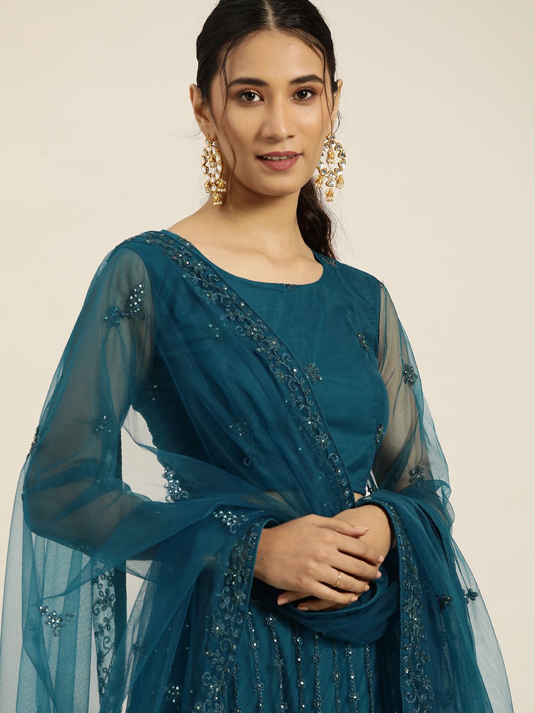 Sangria Teal Blue Embroidered Beads and Stones Semi-Stitched Lehenga & Blouse With Dupatta