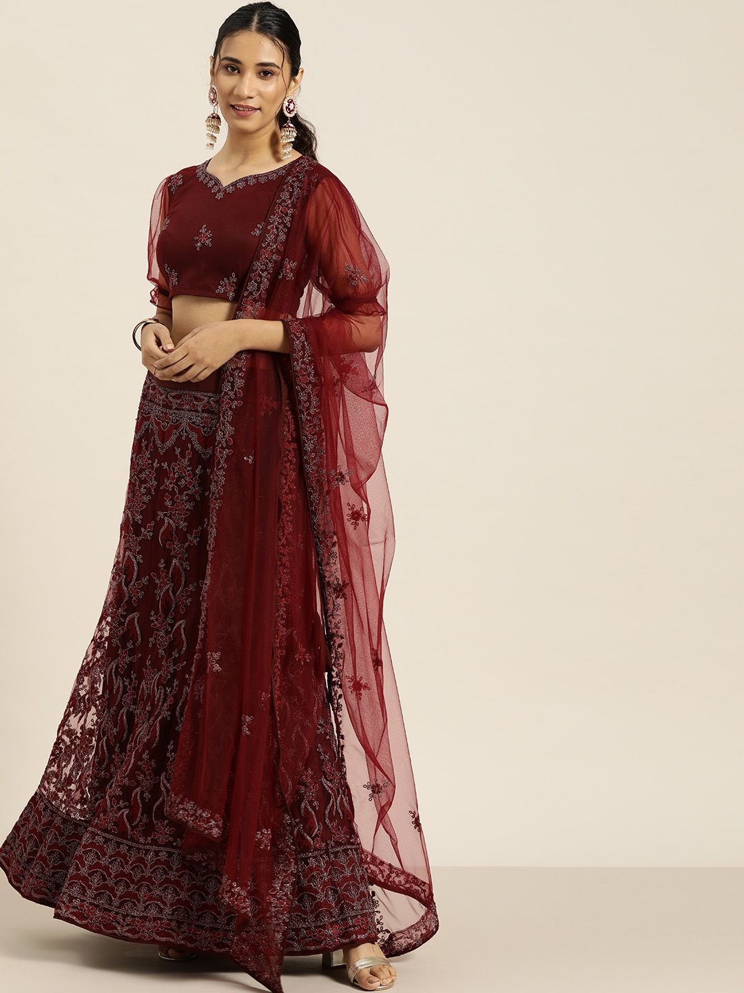 Sangria Maroon Embroidered Beads and Stones Semi-Stitched Lehenga & Unstitched Blouse With Dupatta Price in India