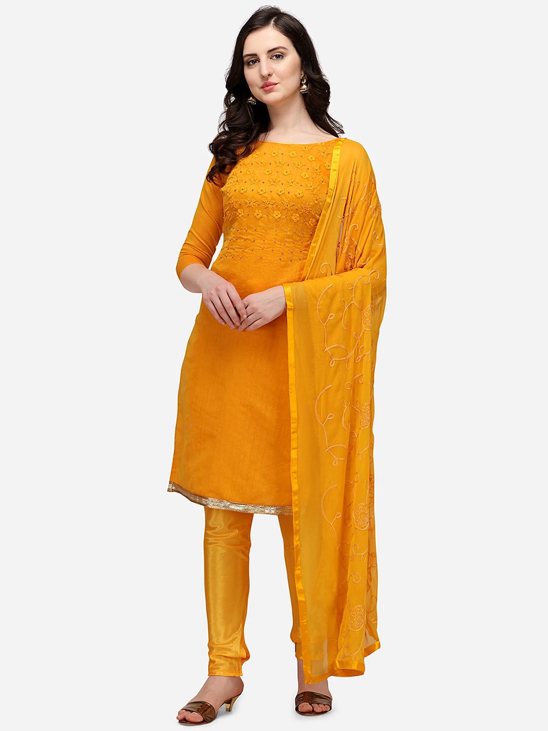 RAJGRANTH Yellow Embroidered Unstitched Dress Material Price in India