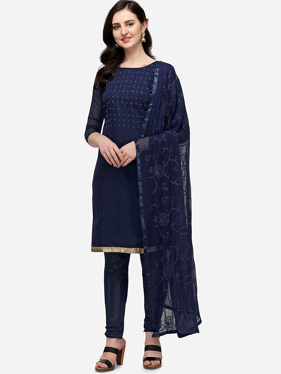 RAJGRANTH Navy Blue Embroidered Unstitched Dress Material Price in India