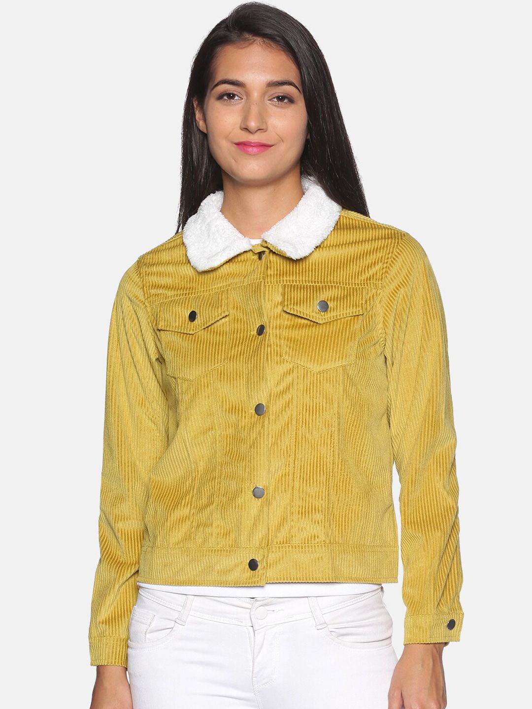 Campus Sutra Women Yellow Contrast Faux Fur Collar Crop Denim Jacket Price in India