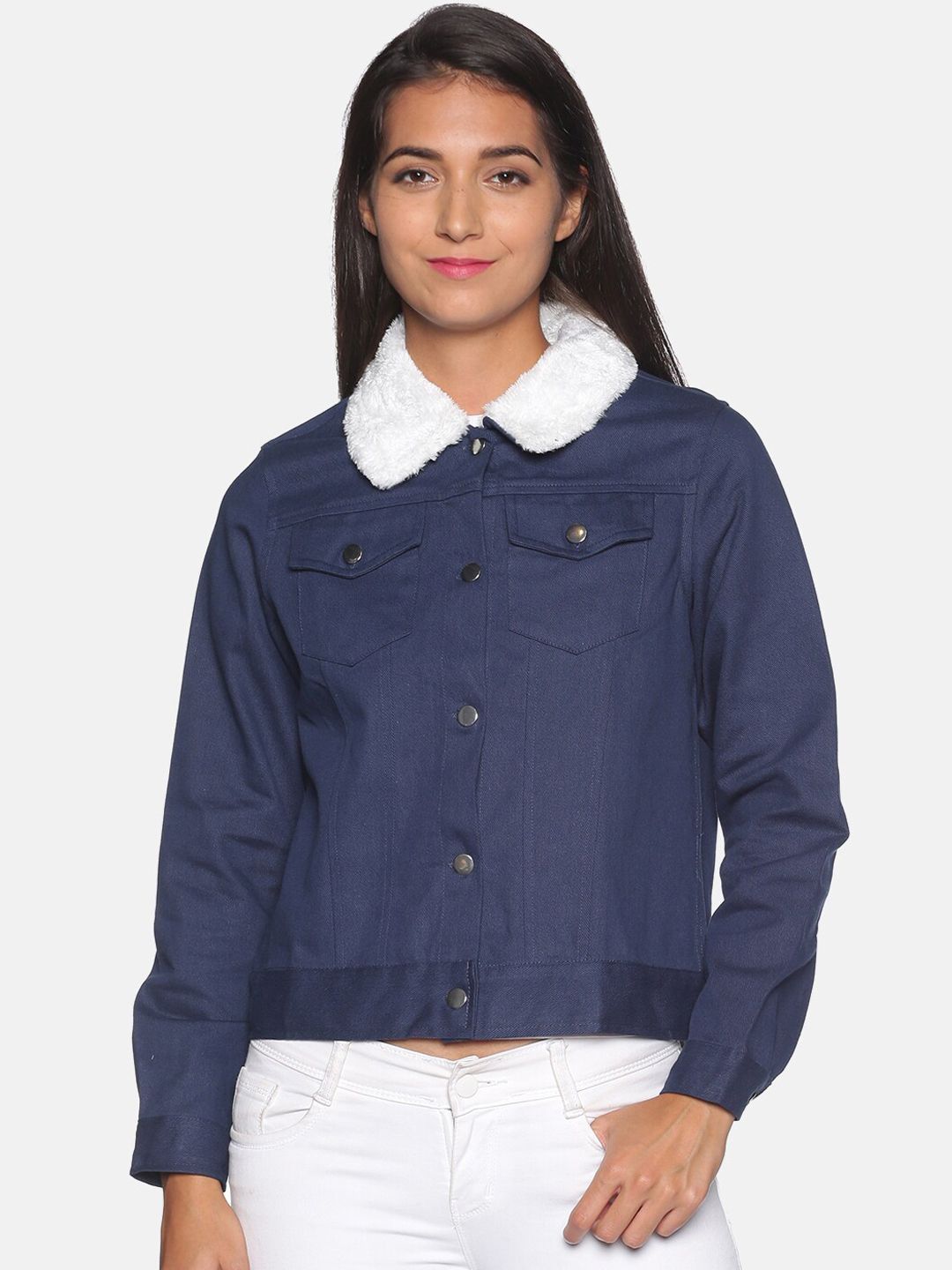 Campus Sutra Women Navy Blue & White Windcheater Denim Jacket Price in India