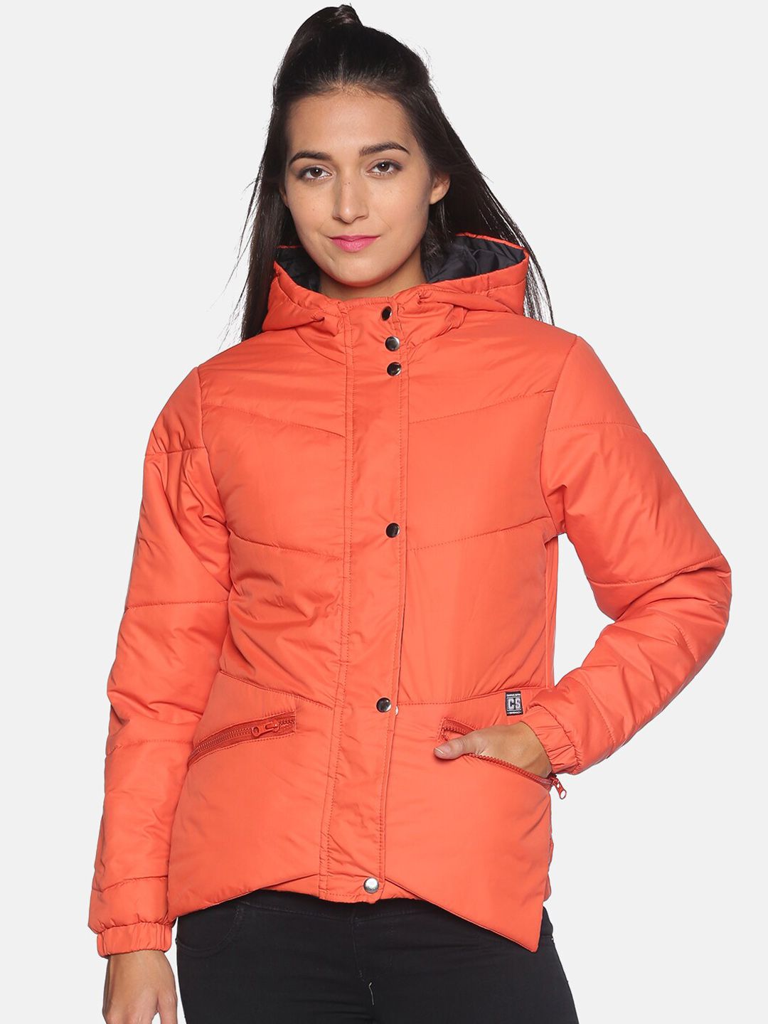 Campus Sutra Women Orange Solid Windcheater Hooded Padded Jacket Price in India