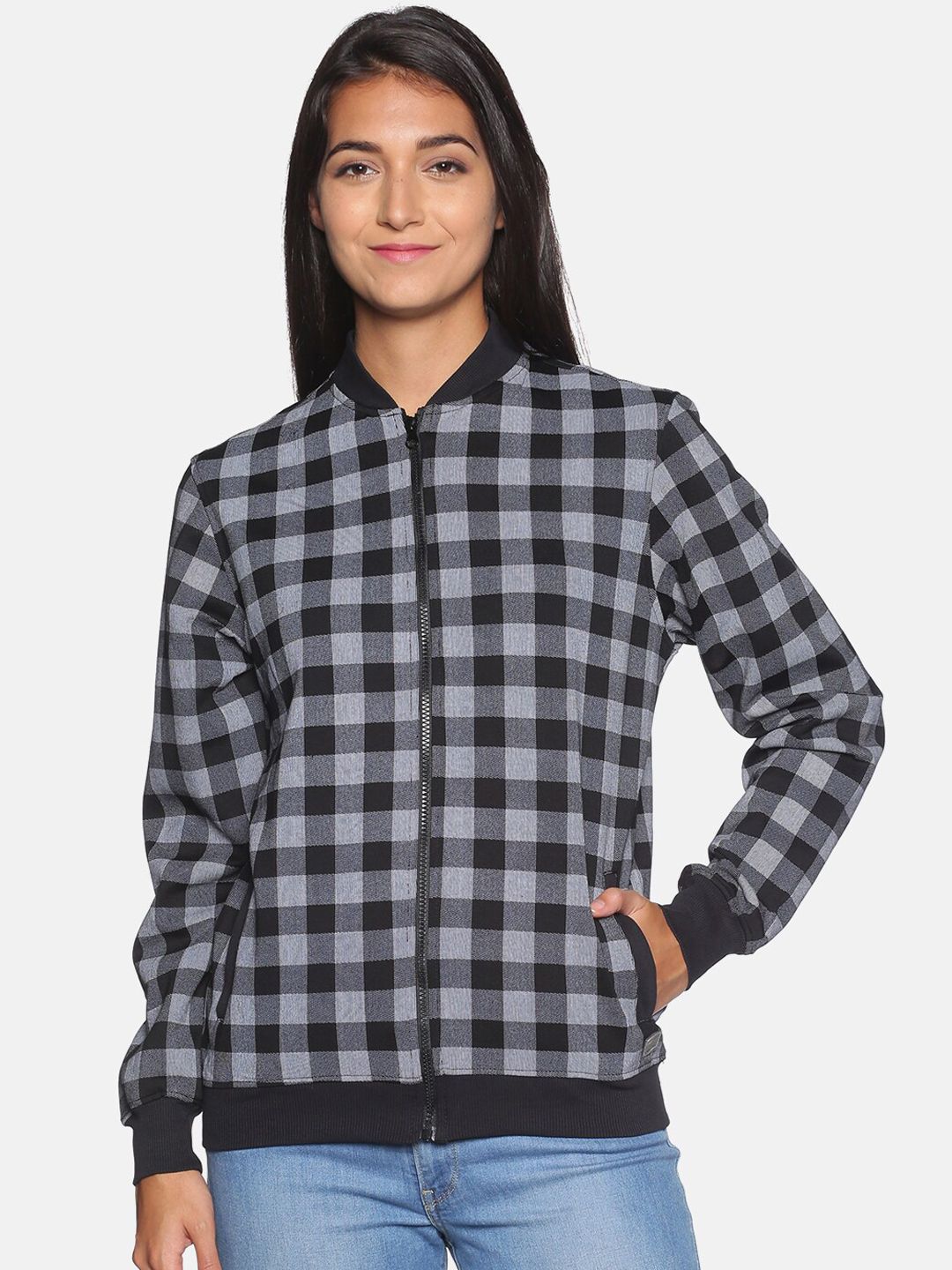 Campus Sutra Women Black and Grey Checked Bomber Jacket Price in India