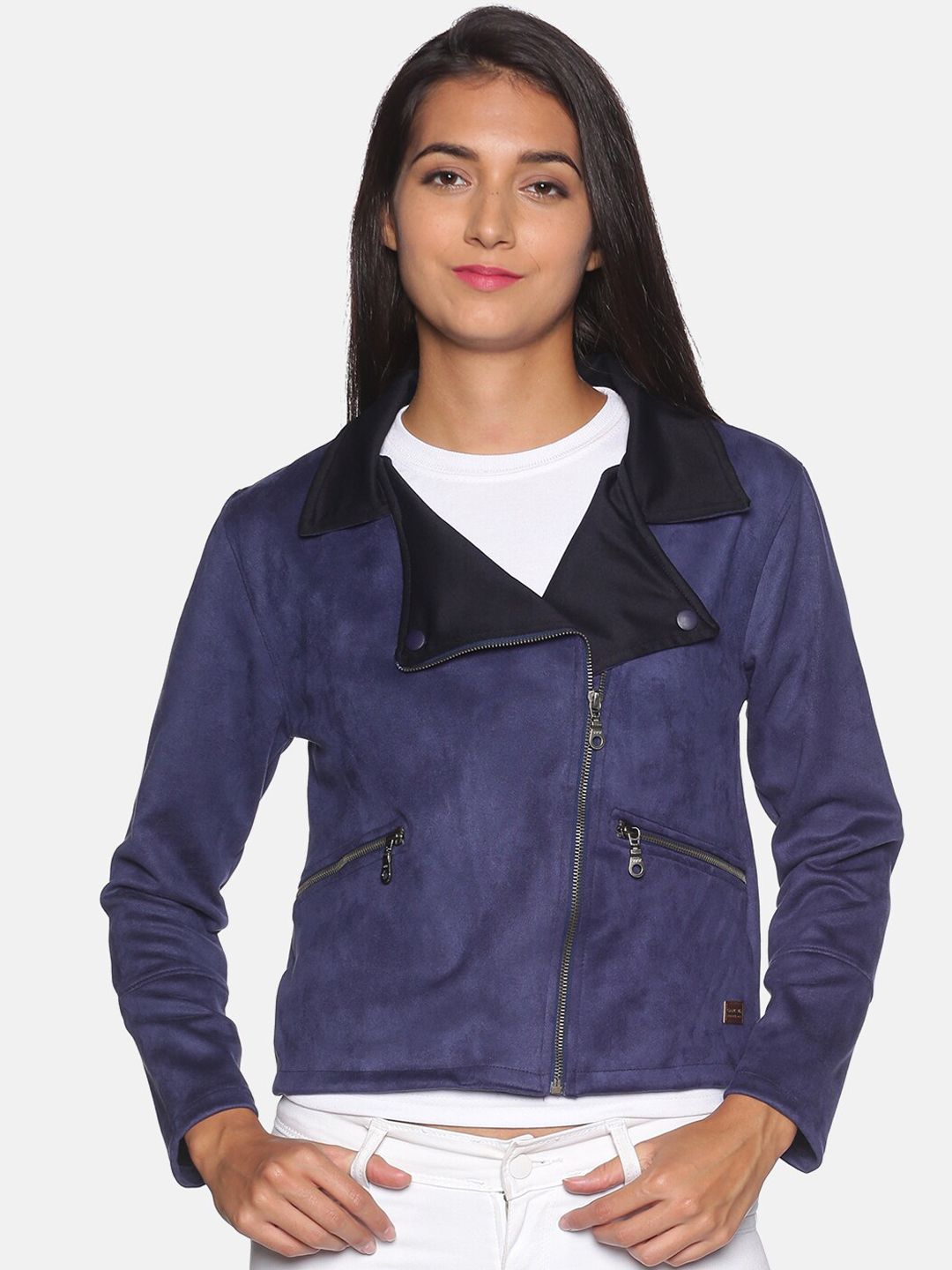 Campus Sutra Women Navy Blue Suede Crop Biker Jacket Price in India