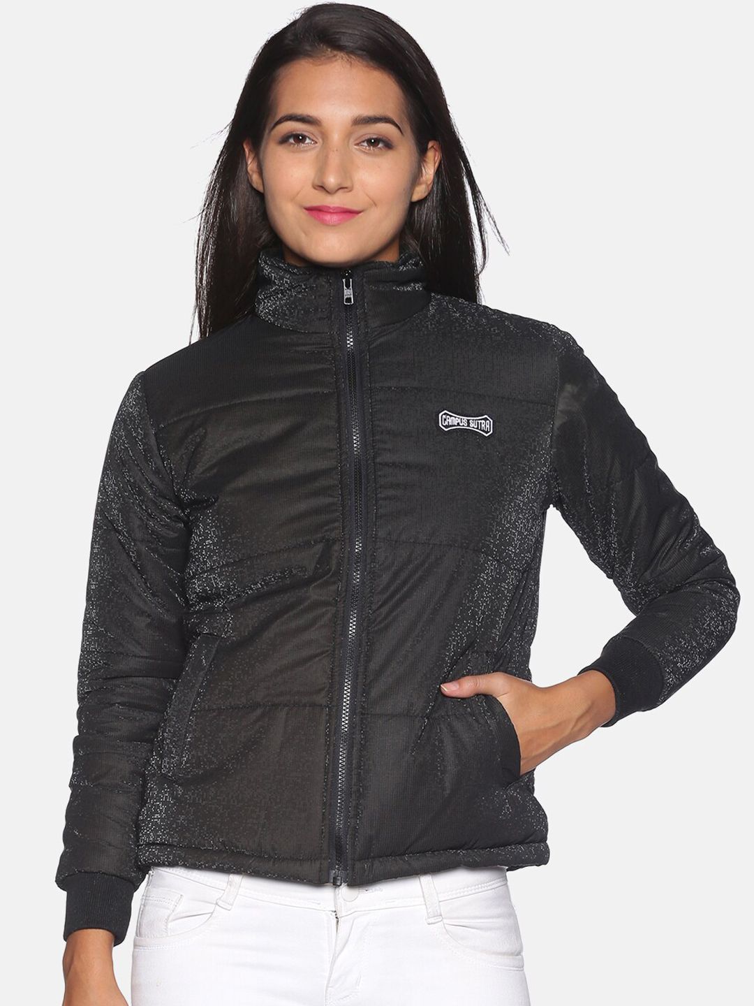 Campus Sutra Women Black Windcheater Padded Jacket Price in India