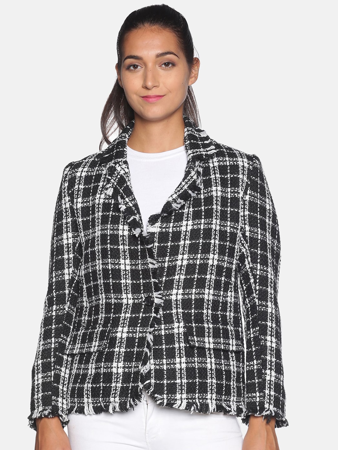 Campus Sutra Women Black & White Checked Comfort-Fit Casual Blazer Price in India