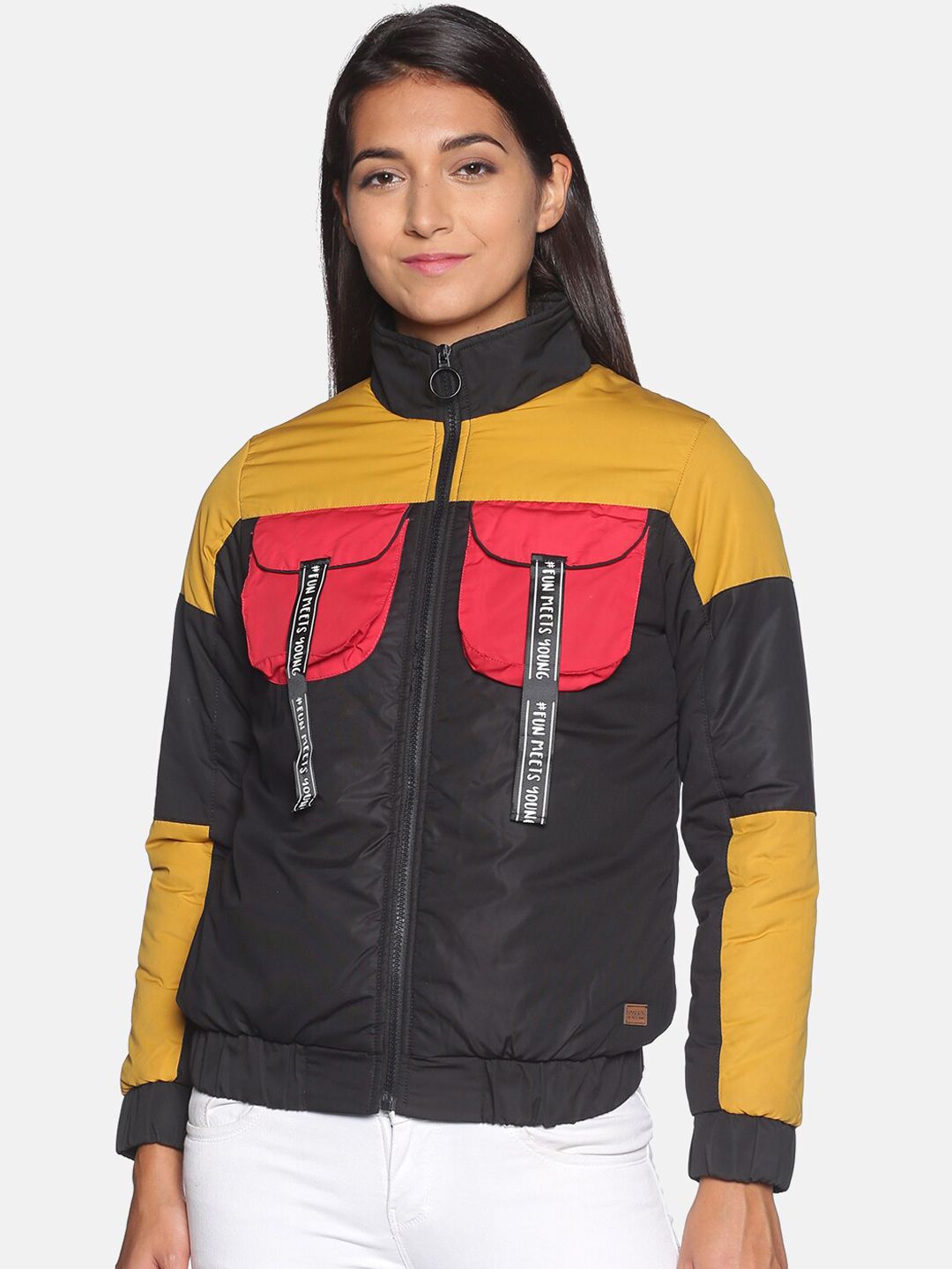 Campus Sutra Women Black & Yellow Colourblocked Windcheater Bomber Jacket Price in India