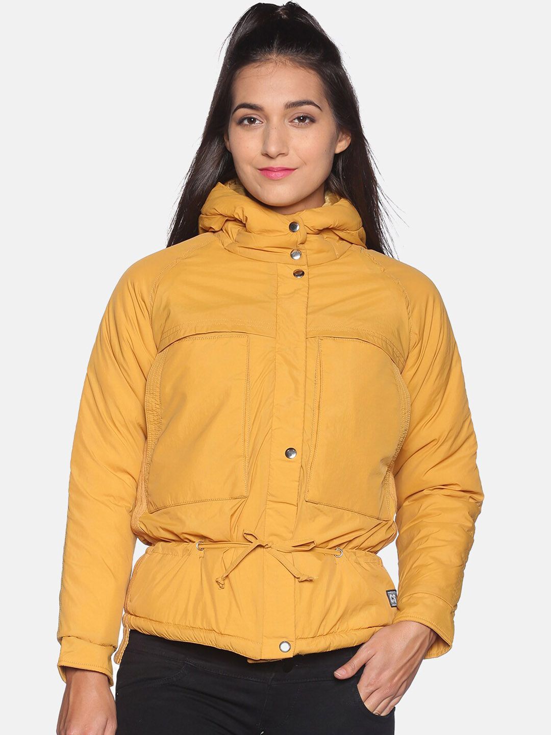 Campus Sutra Women Yellow Solid Windcheater Parka Jacket Price in India