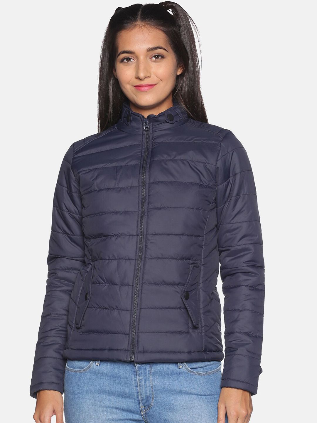 Campus Sutra Women Navy Blue Striped Windcheater Crop Quilted Jacket Price in India