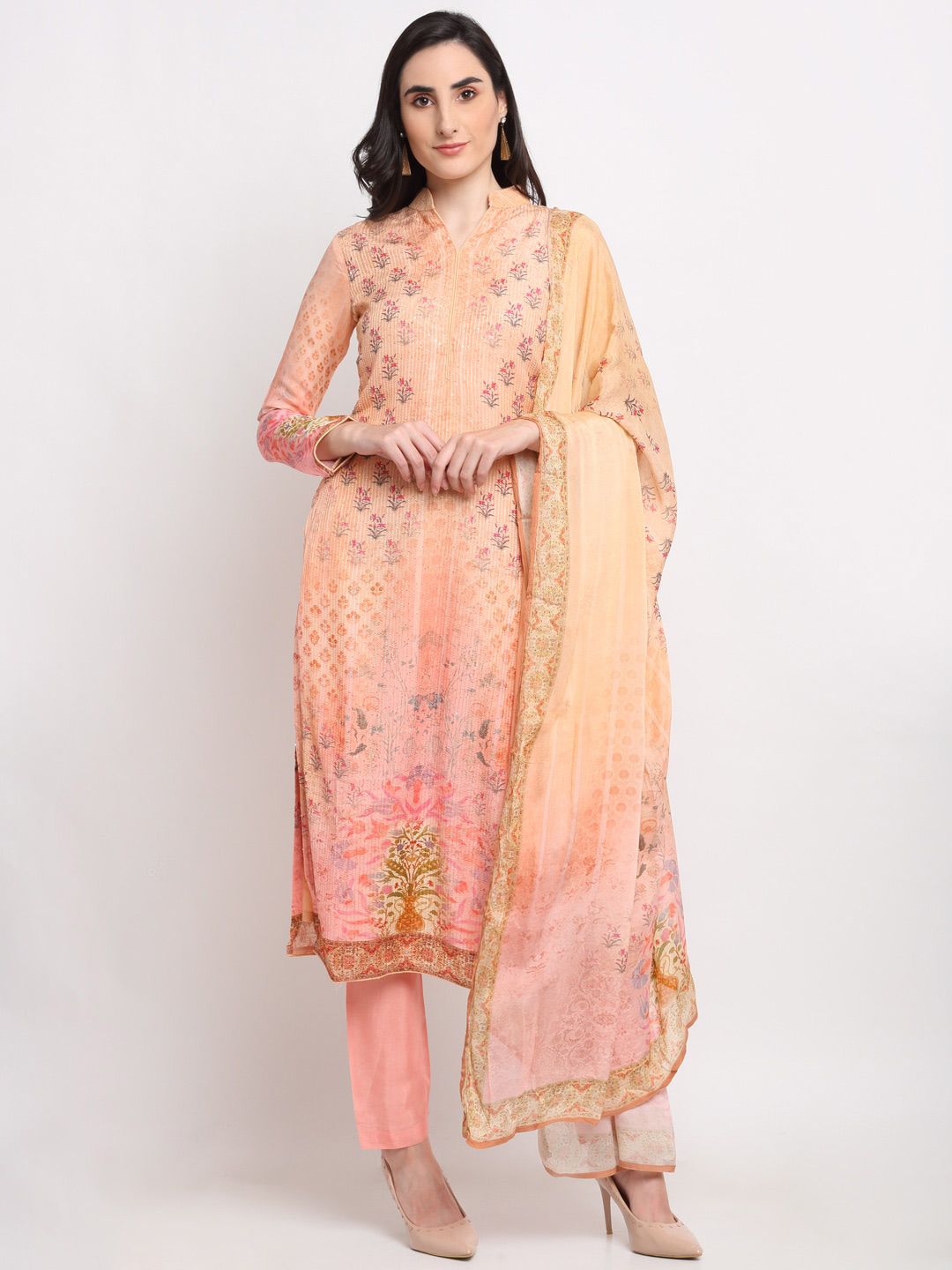 Stylee LIFESTYLE Pink & Peach-Coloured Embroidered Pure Silk Unstitched Dress Material Price in India