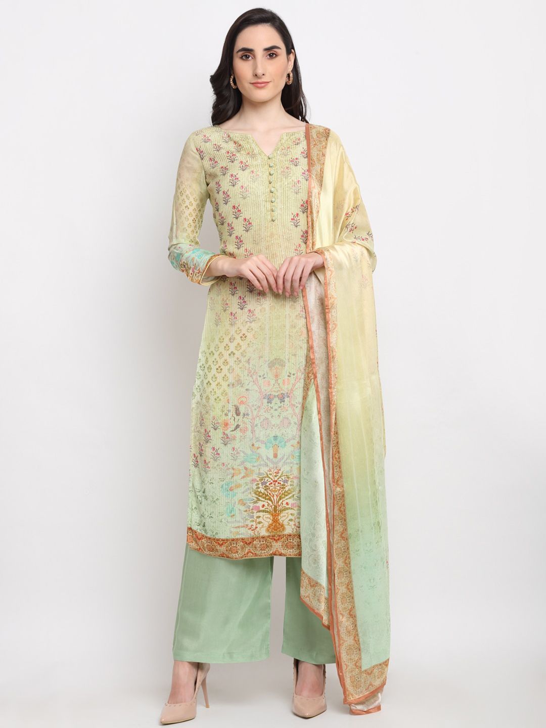 Stylee LIFESTYLE Green Printed Pure Silk Unstitched Dress Material Price in India