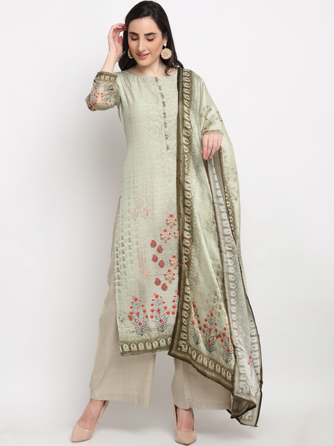 Stylee LIFESTYLE Olive Green Pure Silk Unstitched Dress Material Price in India