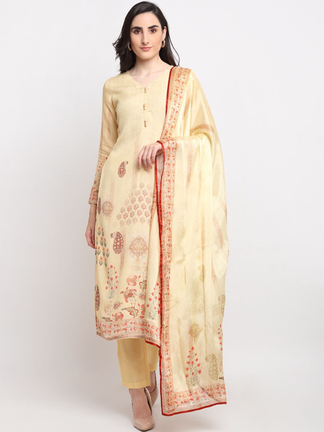 Stylee LIFESTYLE Yellow Printed Pure Silk Unstitched Dress Material Price in India