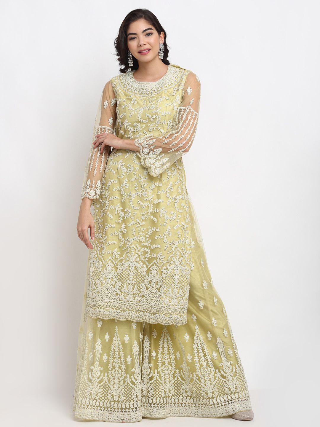 Stylee LIFESTYLE Yellow & White Embroidered Semi-Stitched Dress Material Price in India