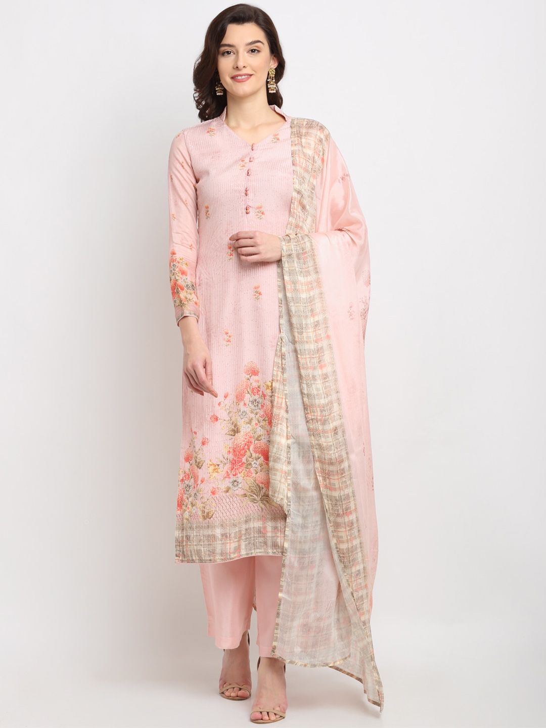 Stylee LIFESTYLE Olive Green & Pink Printed Pure Silk Unstitched Dress Material Price in India