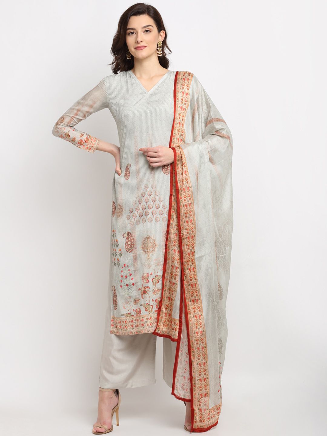 Stylee LIFESTYLE Grey Embroidered Pure Silk Unstitched Dress Material Price in India