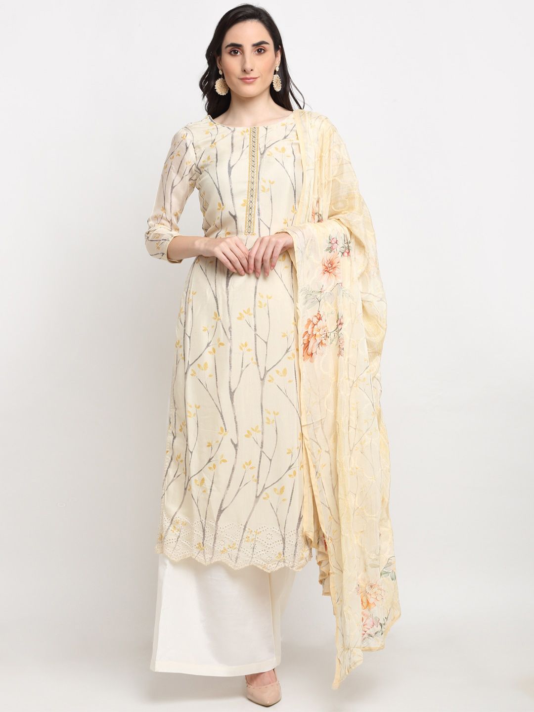Stylee LIFESTYLE Cream-Coloured Printed Pure Silk Unstitched Dress Material Price in India