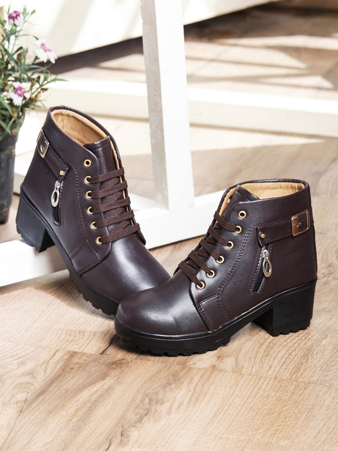 LONDON STEPS Women Brown Solid Block Heeled Boots Price in India