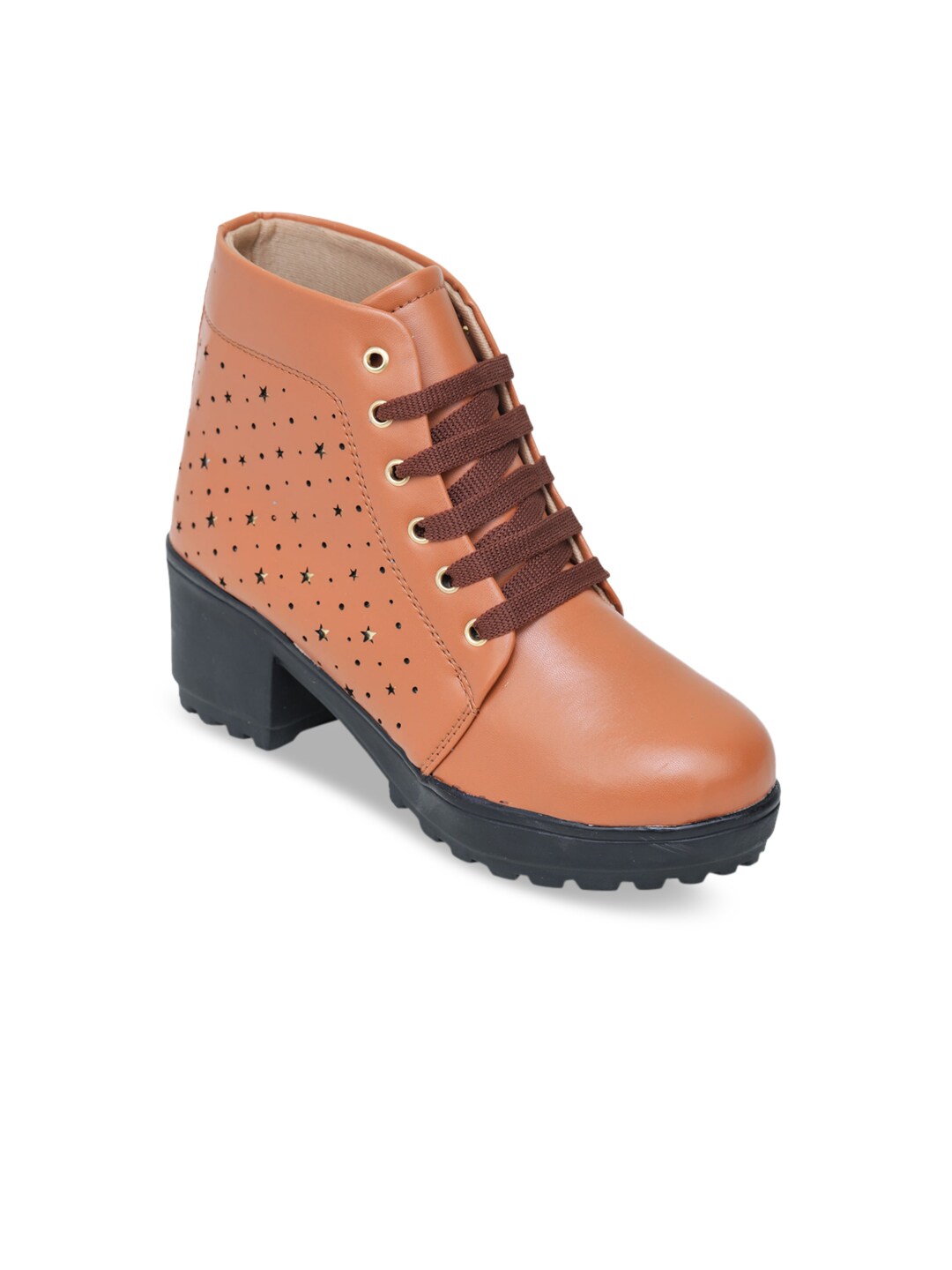 LONDON STEPS Tan Textured Block Heeled Boots with Laser Cuts Price in India