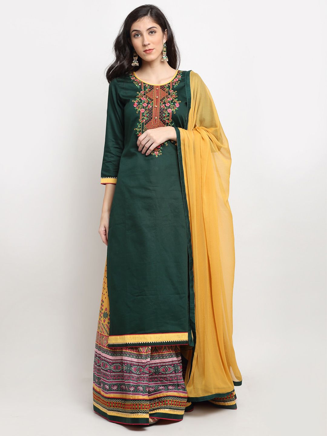SheWill Green & Yellow Embroidered Semi-Stitched Dress Material Price in India