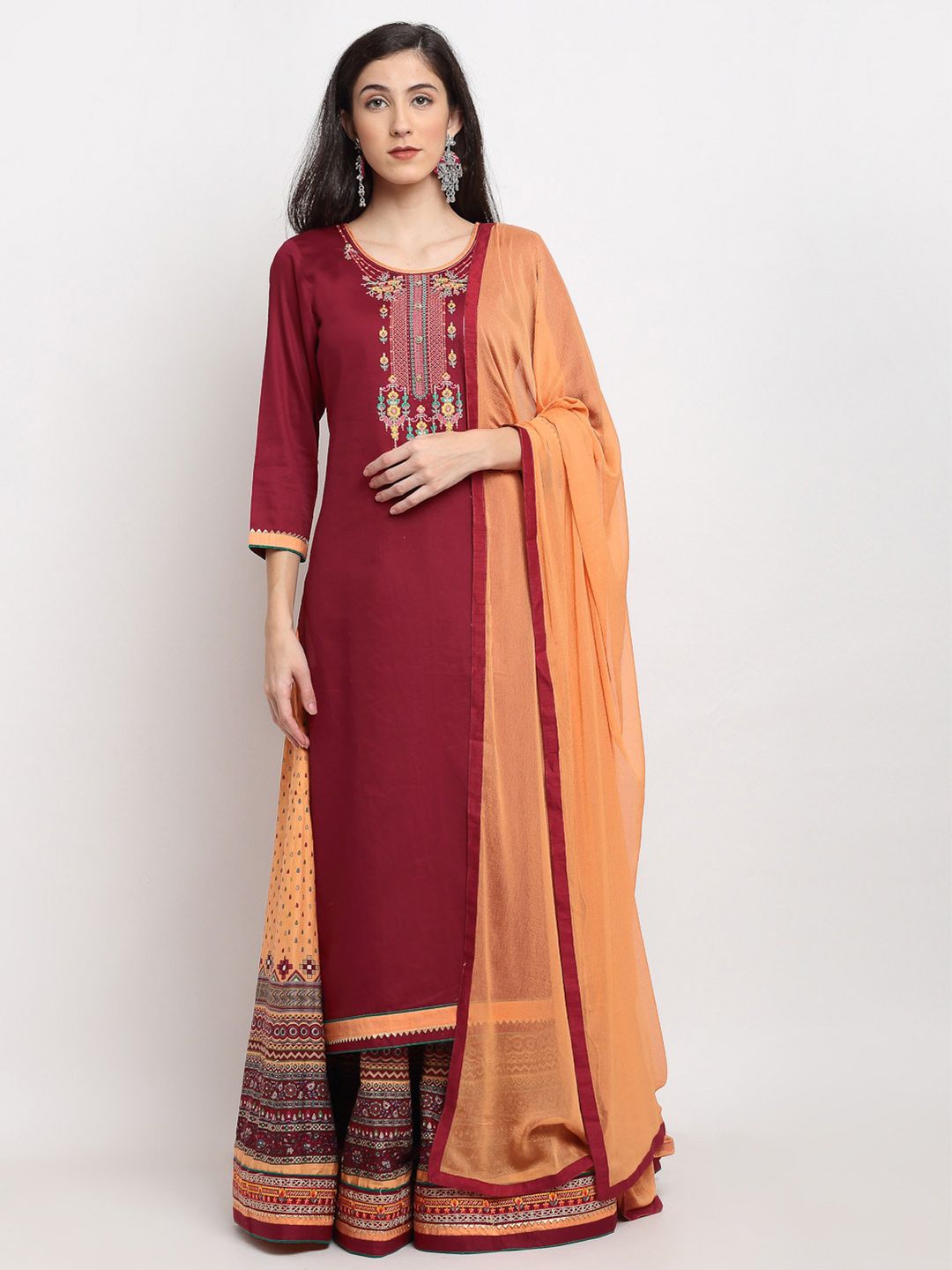 SheWill Maroon & Orange Embroidered Semi-Stitched Dress Material Price in India