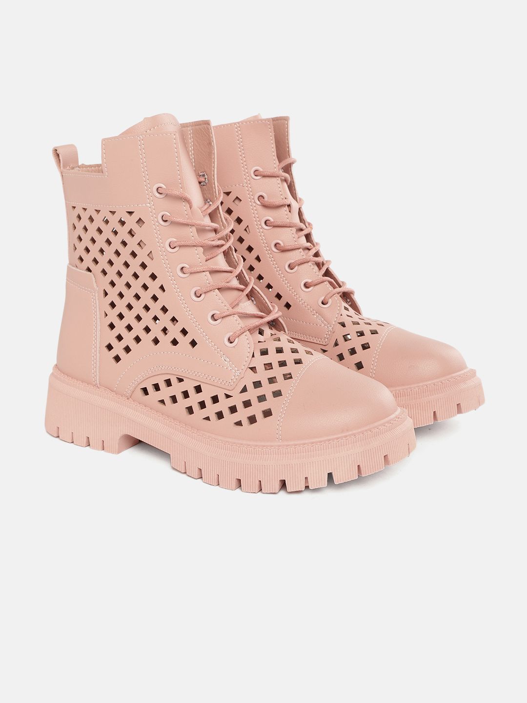 DressBerry Women Peach-Coloured Laser Cuts Mid-Top Flat Boots Price in India