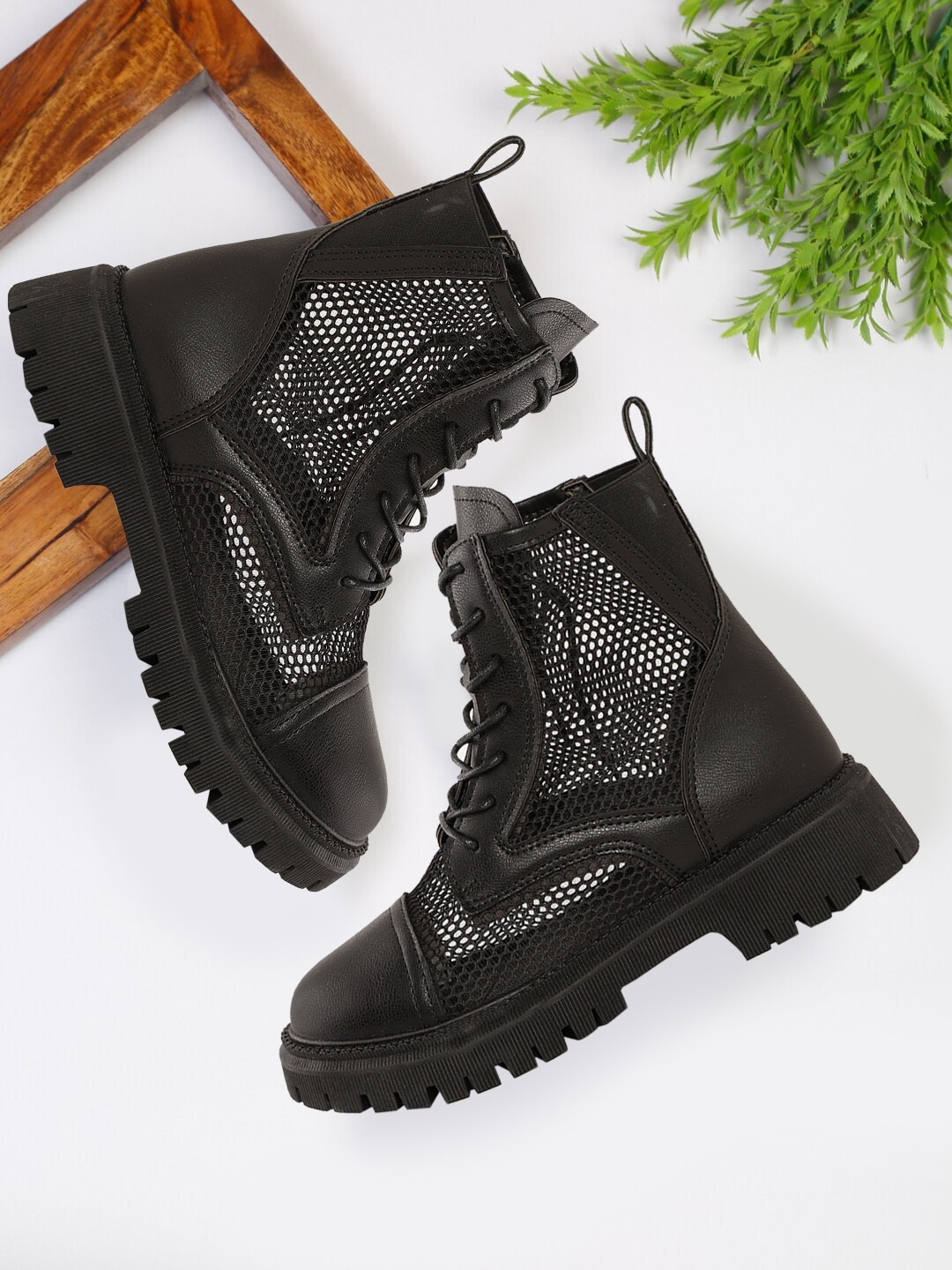 Mast & Harbour Women Black Mesh Mid-Top Flat Boots Price in India