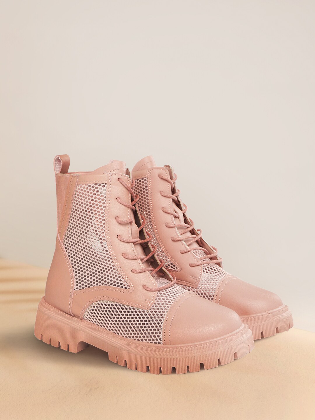 Mast & Harbour Women Pink Mesh Mid-Top Flat Boots Price in India