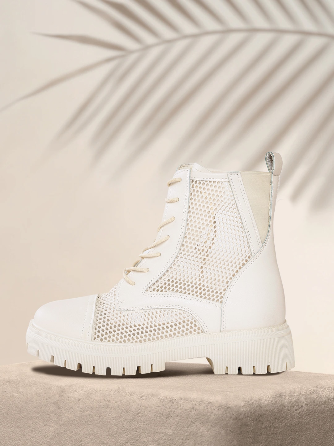Mast & Harbour Women Off-White Mesh Mid-Top Flat Boots Price in India