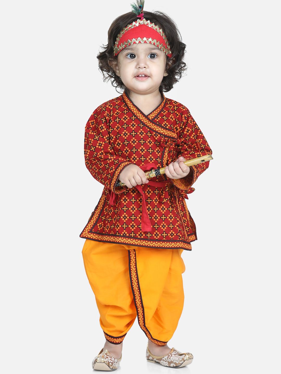 BownBee Boys Red & Yellow Floral Print Angrakha Janmasthami Pure Cotton Kurta & Dhoti Set