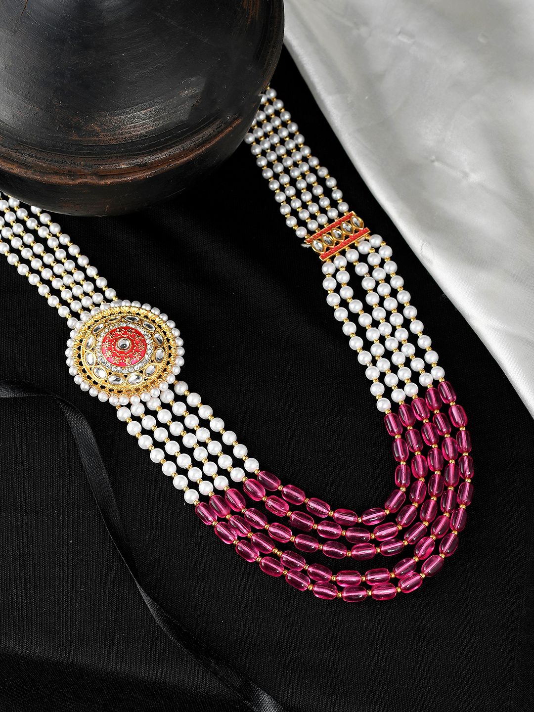 Silvermerc Designs Unisex White & Pink Brass Gold-Plated Layered Kundan Brooch Necklace Price in India