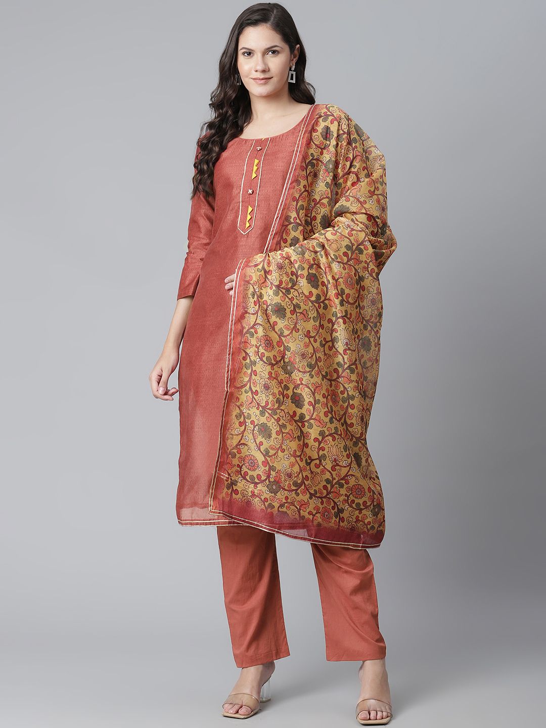 Readiprint Fashions Coral Red & Mustard Yellow Printed Unstitched Dress Material Price in India