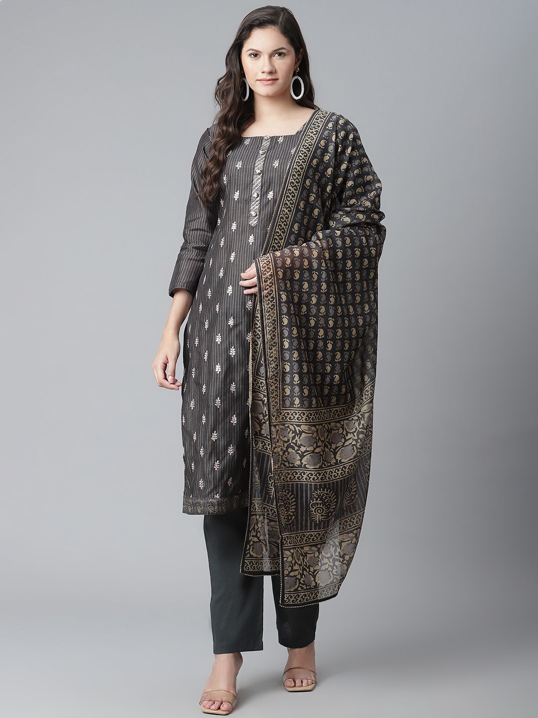 Readiprint Fashions Charcoal Grey & Silver Embroidered Unstitched Dress Material Price in India