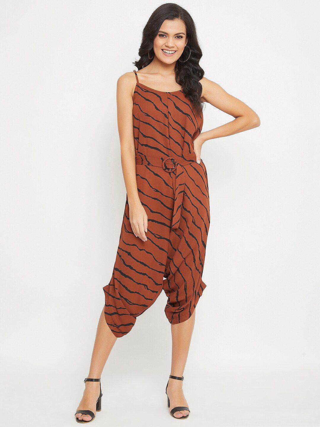 THE SILHOUETTE STORE Brown & Black Striped Capri Jumpsuit Price in India
