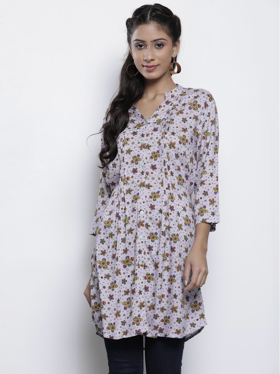 One Femme Grey & Yellow Ethnic Motifs Print Mandarin Collar Pin Tuck Pleated Tunic Price in India