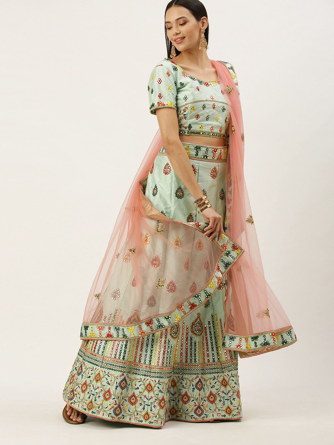 Mameraa Turquoise Blue & Peach-Coloured Embroidered Semi-Stitched Lehenga & Unstitched Blouse With Dupatta Price in India