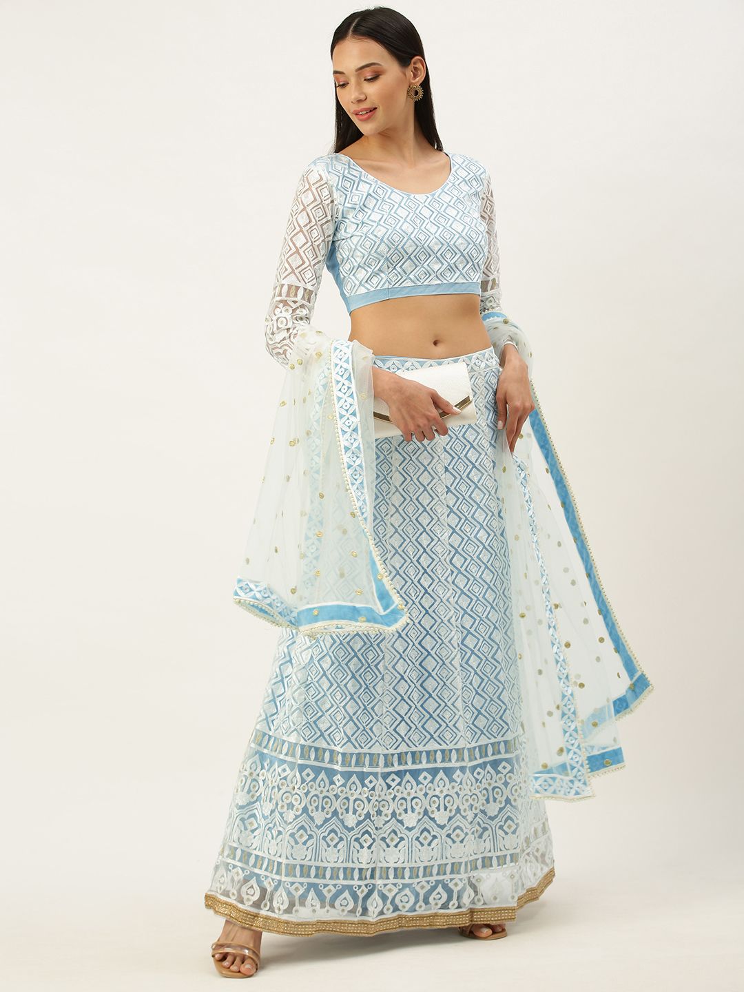 Mameraa Blue & White Embroidered Semi-Stitched Lehenga Choli Price in India