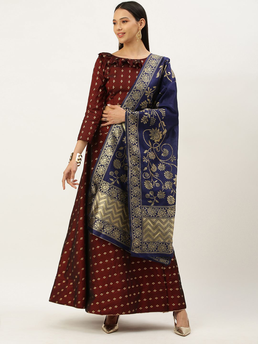 Mameraa Maroon & Blue Printed Semi-Stitched Lehenga Choli Price in India