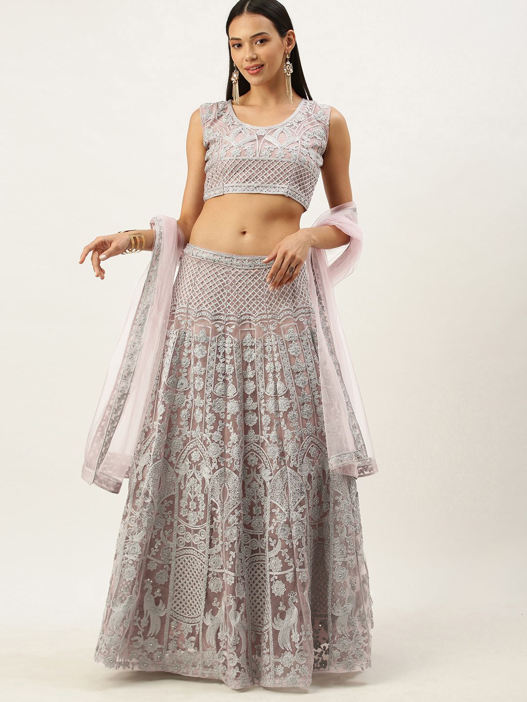 Mameraa Pink & Silver-Toned Embroidered Semi-Stitched Lehenga & Unstitched Blouse With Dupatta Price in India
