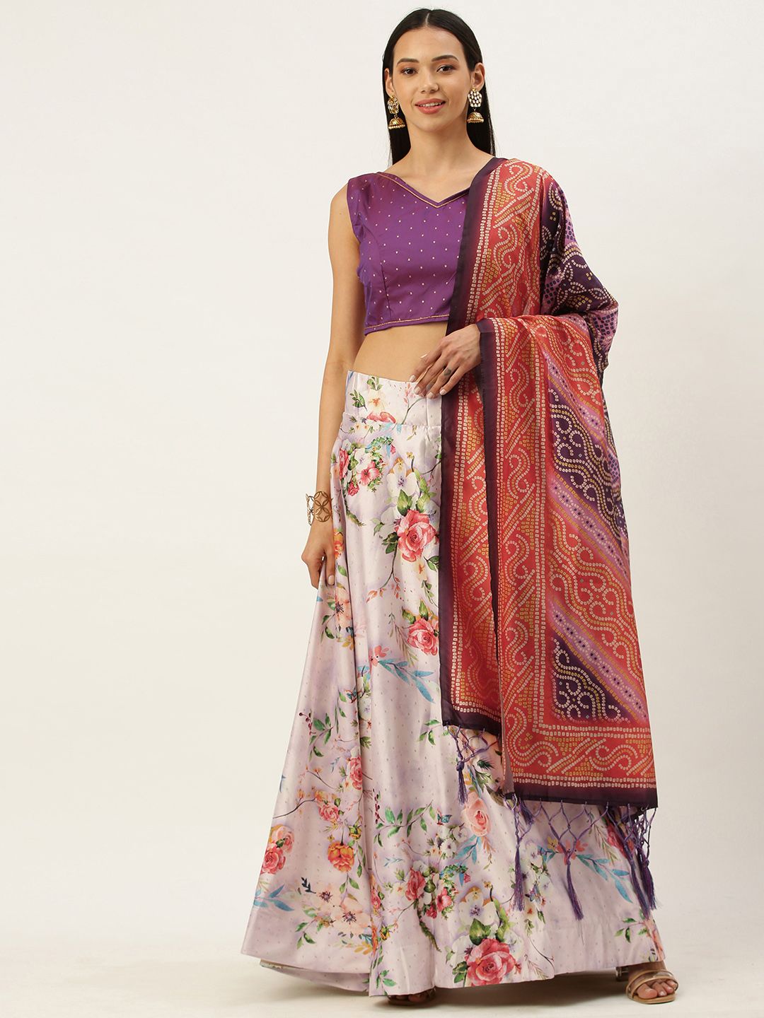 Mameraa Purple & Red Semi-Stitched Lehenga & Unstitched Blouse With Dupatta Price in India