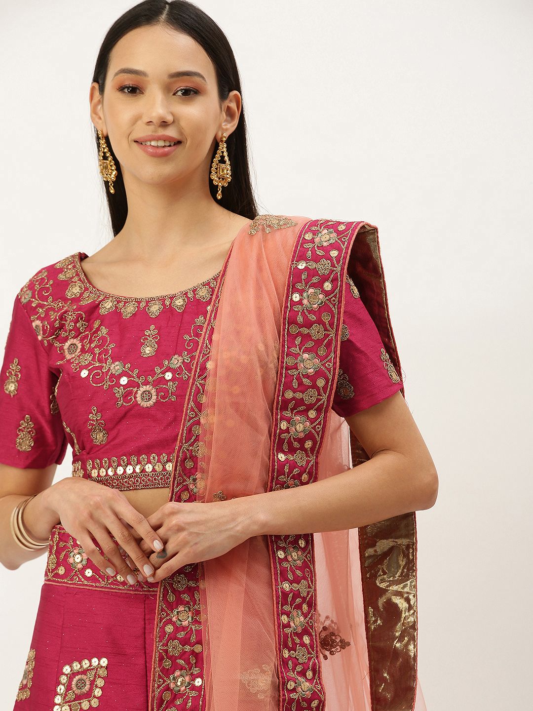 Mameraa Magenta & Peach-Coloured Sequinned Semi-Stitched Lehenga Choli Price in India