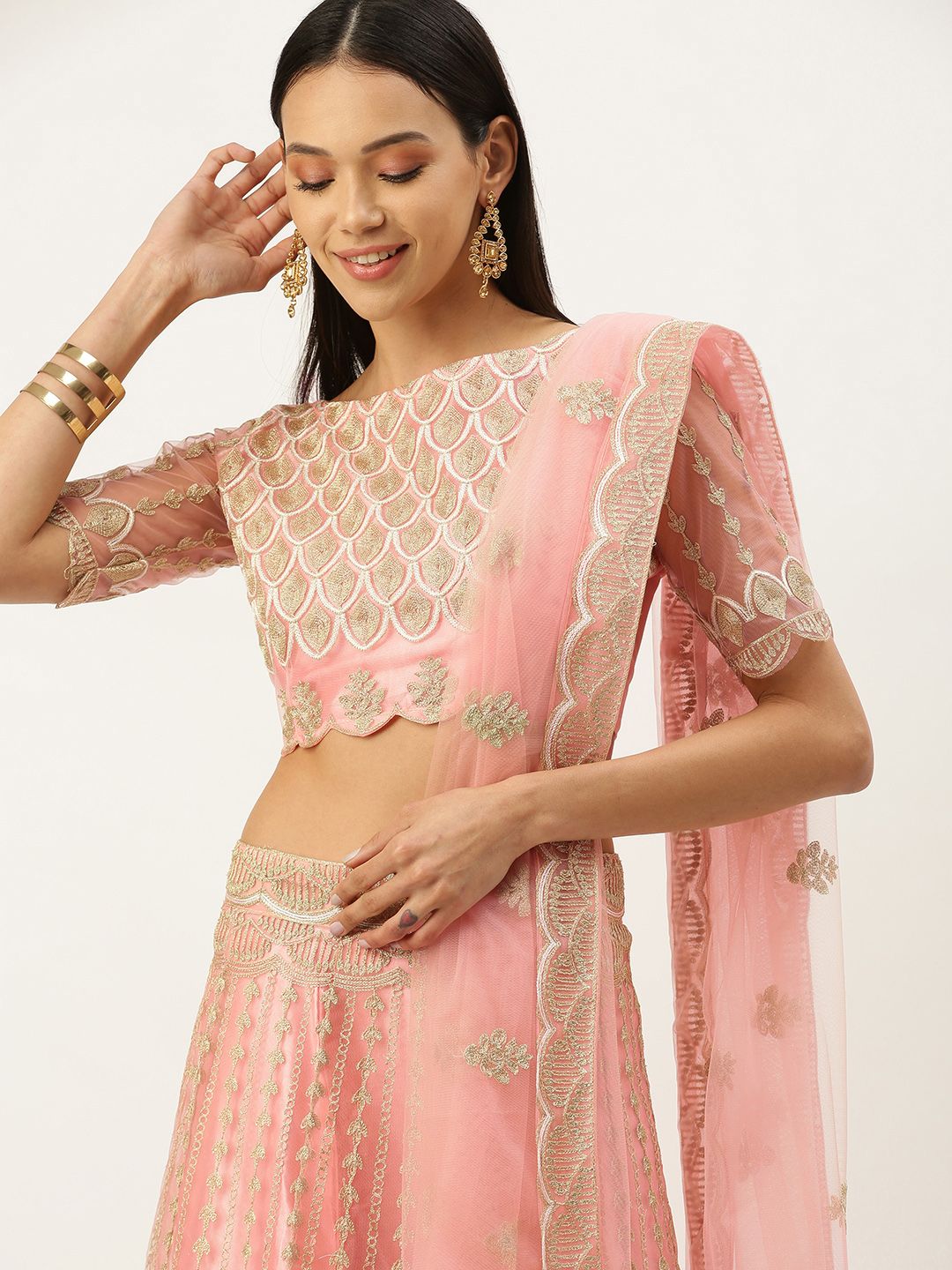 Mameraa Pink & Gold-Toned Embroidered Semi-Stitched Lehenga & Unstitched Blouse With Dupatta Price in India