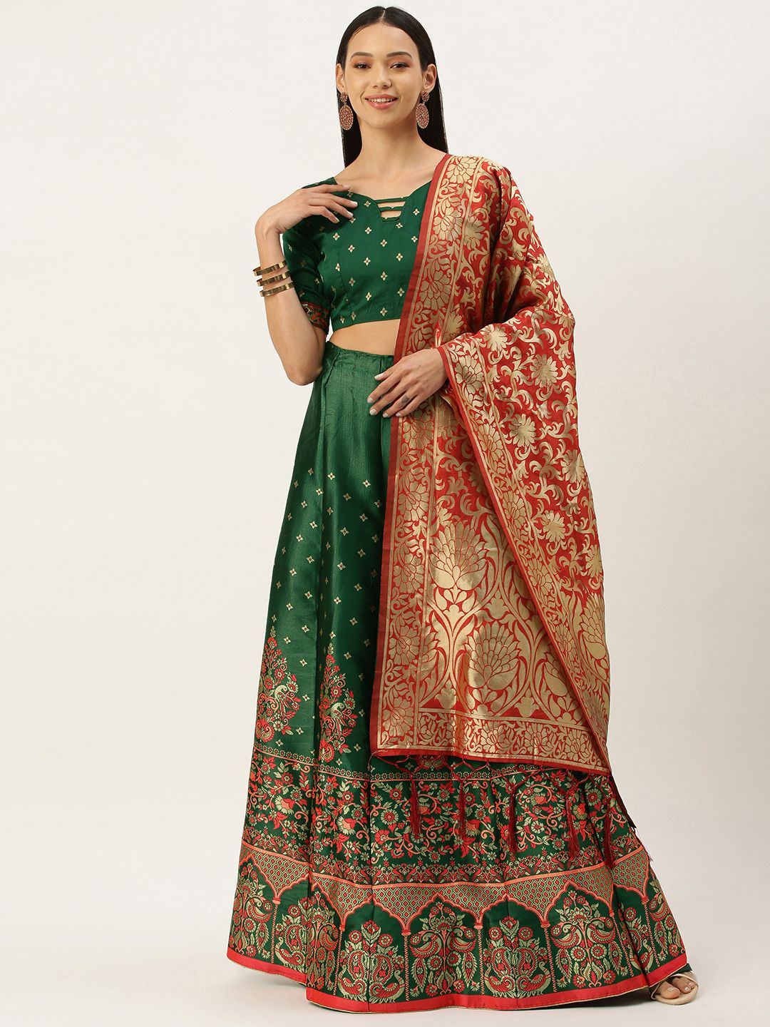 Mameraa Green & Red Semi-Stitched Lehenga & Unstitched Blouse With Dupatta Price in India