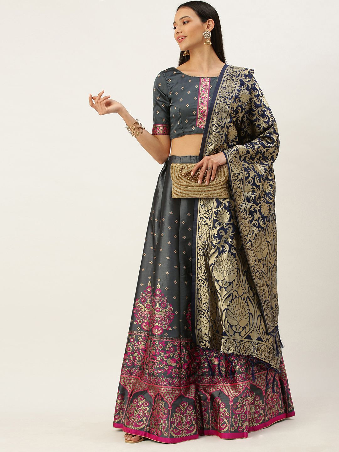 Mameraa Grey & Blue Woven Design Semi-Stitched Lehenga Choli Price in India