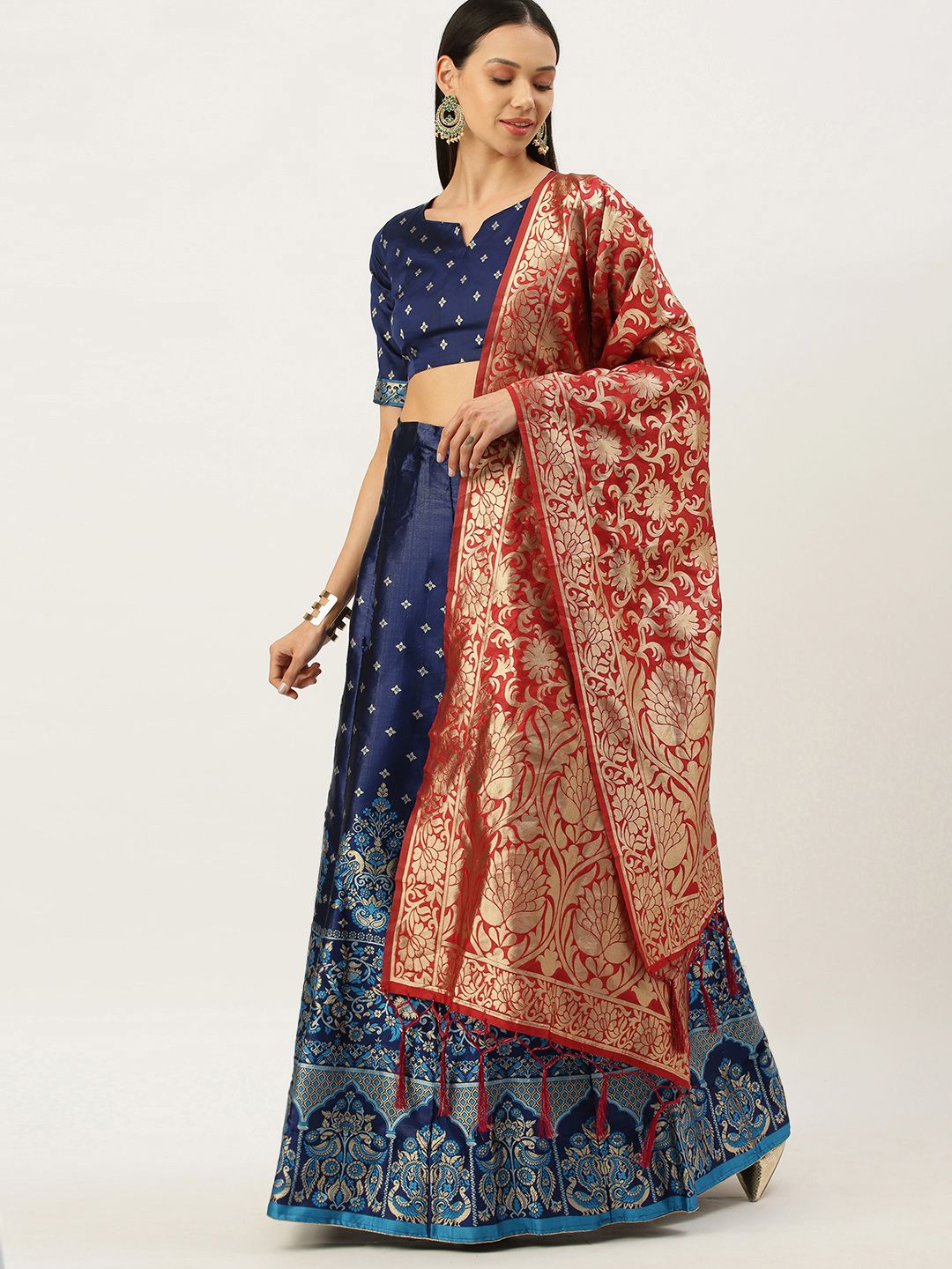 Mameraa Navy Blue & Gold-Toned Semi-Stitched Lehenga & Unstitched Blouse With Dupatta Price in India