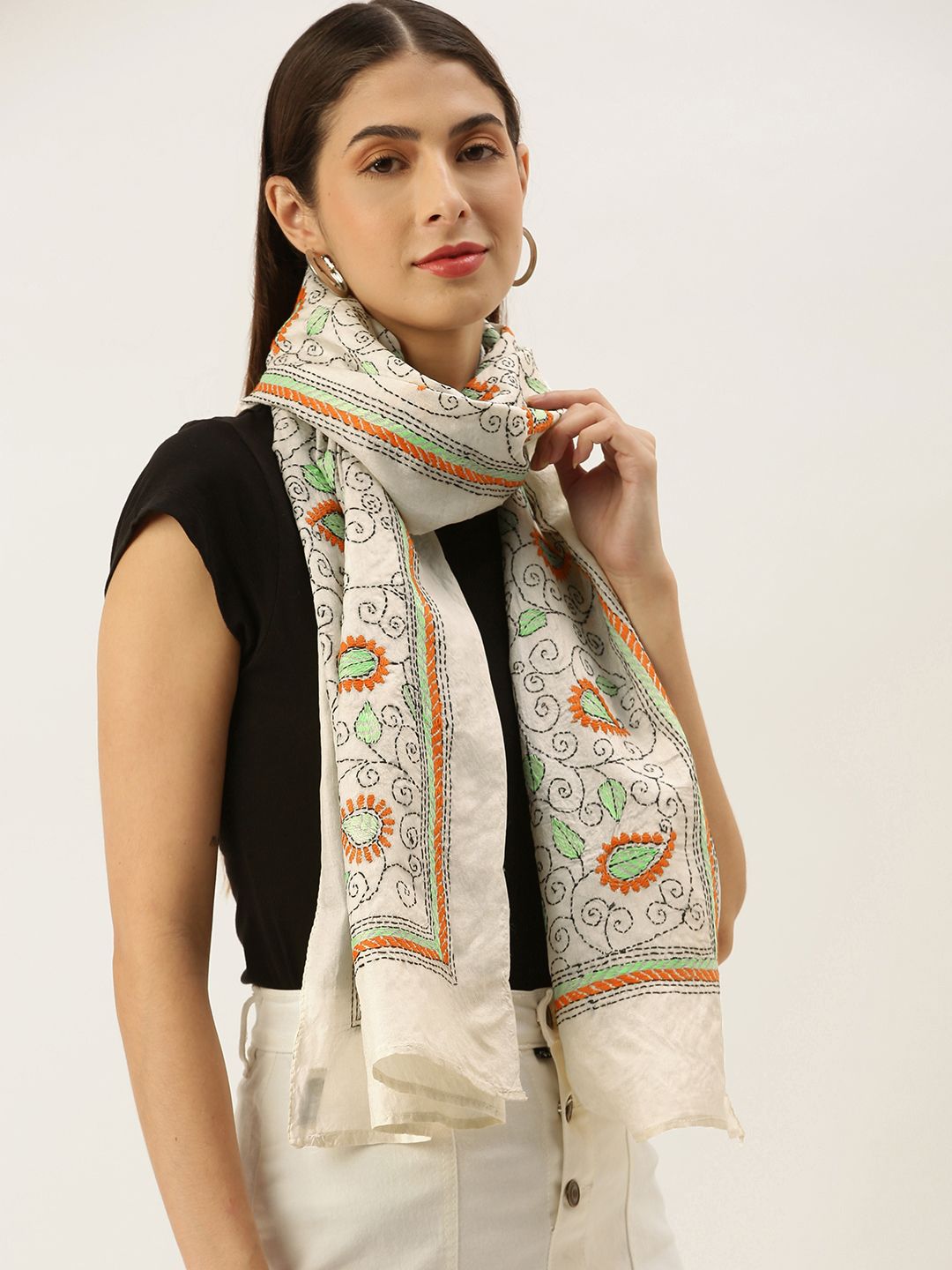 ArtEastri Women Cream-Coloured Pure Tussar Silk Kantha Embroidered Stole Price in India