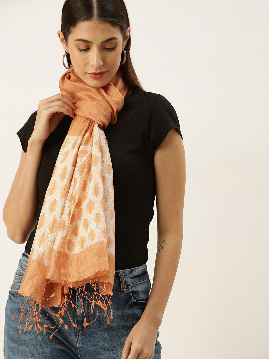 ArtEastri Women Orange & Off White Woven Design Pure Silk Shibori Stole Price in India