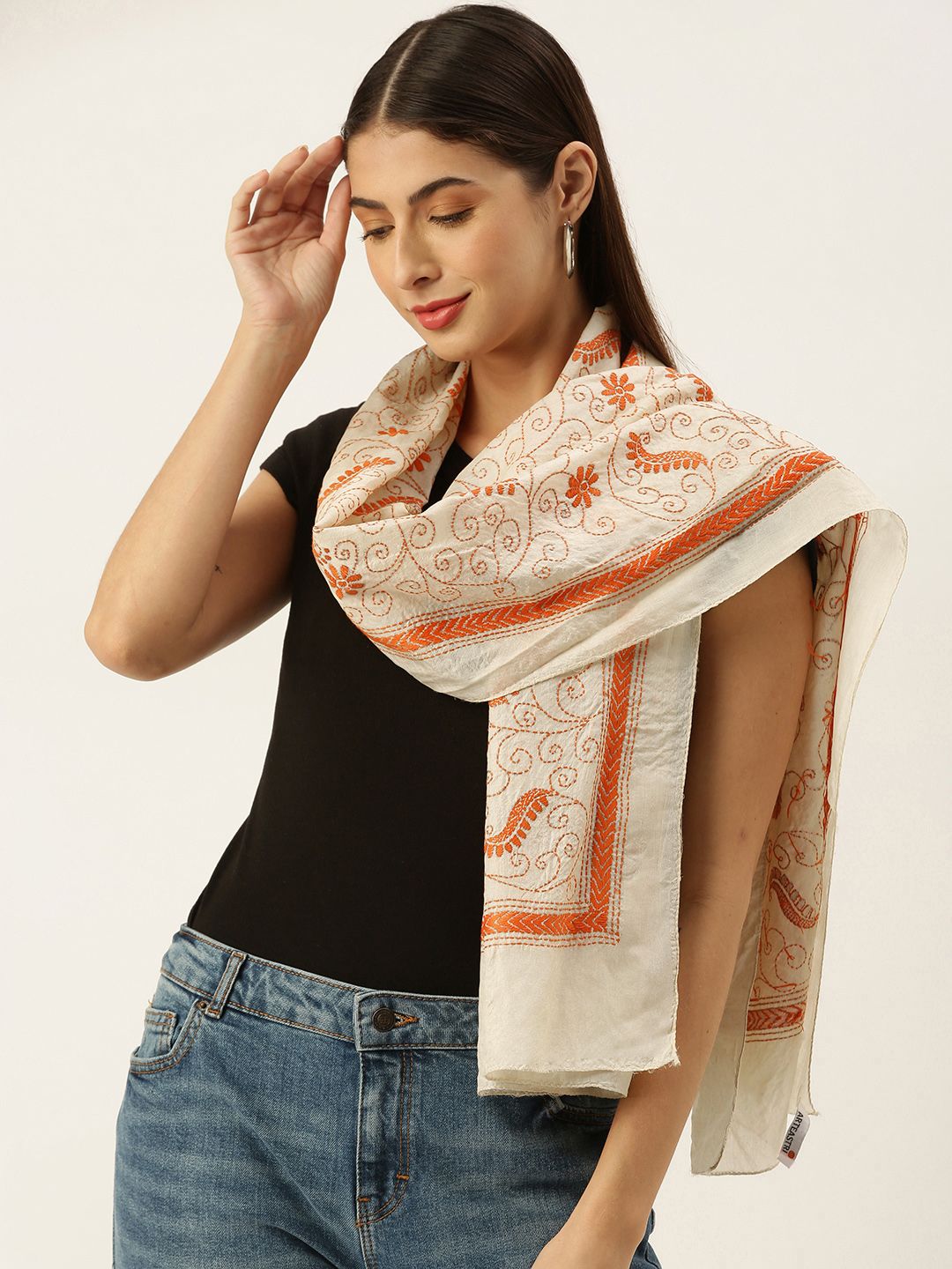 ArtEastri Women Cream-Coloured Pure Silk Hand Kantha Embroidered Stole Price in India